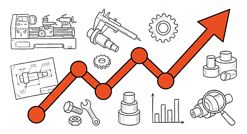 Precision Tooling Growth — Astro Tool & Machine Growth arrow surrounded by manufacturing icons, representing Astro Tool & Machine Co.'s precision tooling growth.