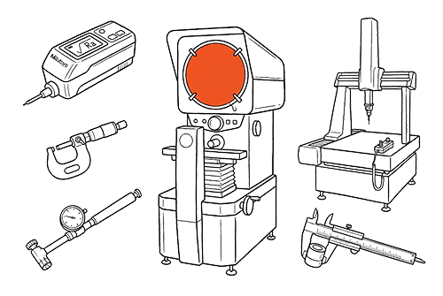 Precision Inspection Equipment — Astro Tool & Machine Co. Vector illustration of precision inspection equipment including a Mitutoyo surface roughness gauge, optical comparator, CMM, and calipers, representing Astro Tool & Machine Co.'s inspection capabilities.